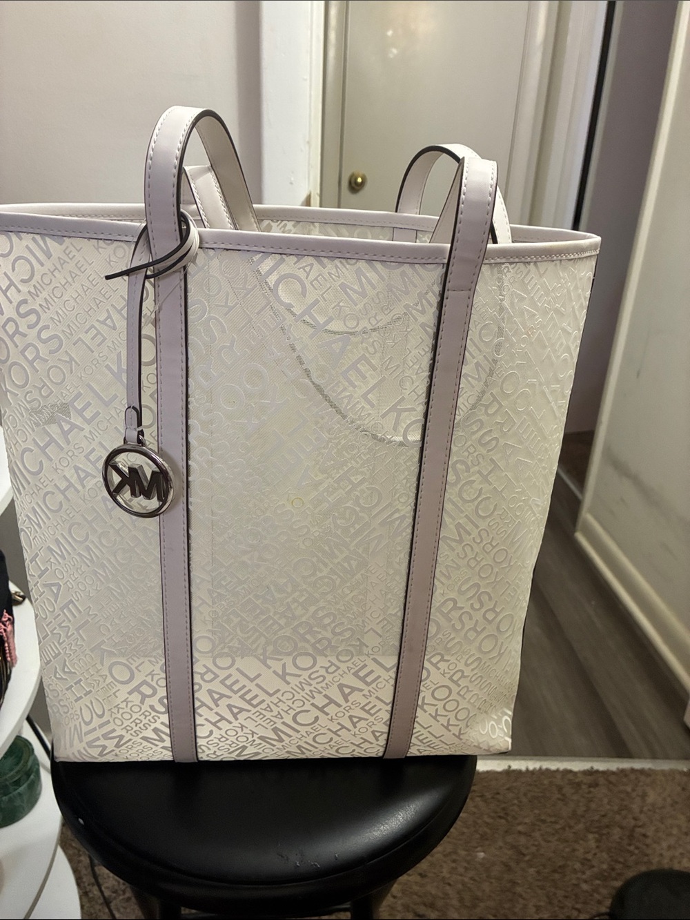 Michael Kors White Tote with Lilac Trim and MK Charm